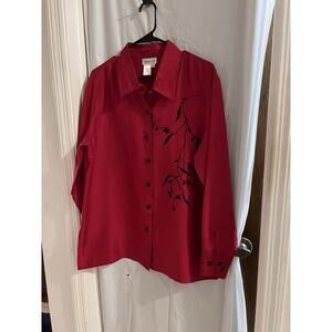 Coldwater Creek Red Black Floral Embroidered Silk Button Up Blouse L Holiday